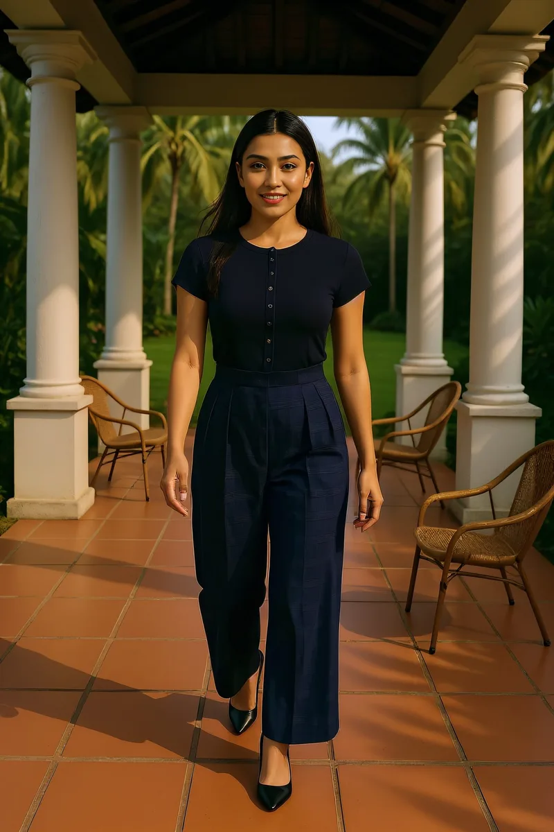 An AI-generated model from the brand's cast wearing the navy top and trousers on location